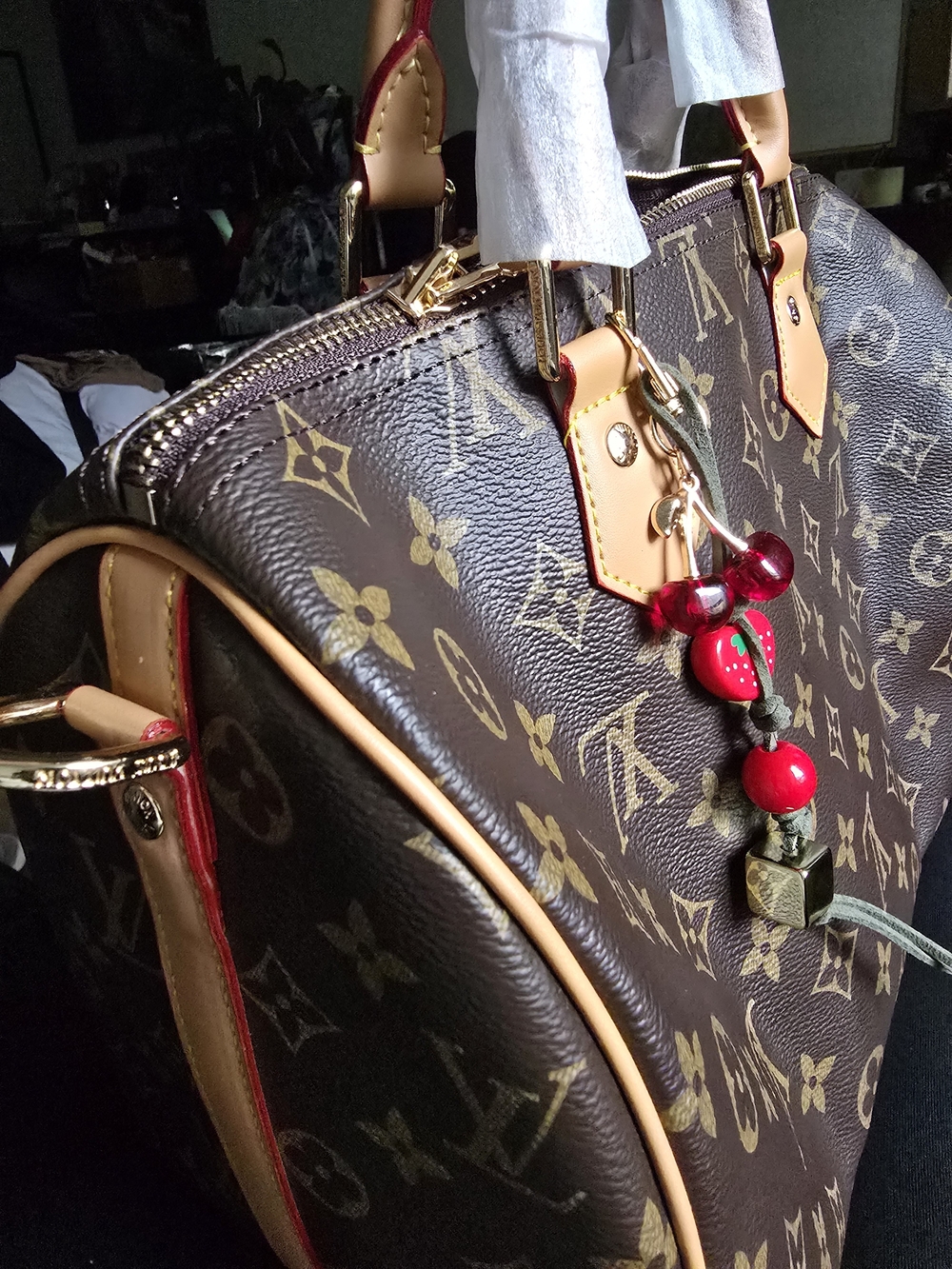 Monogram Dome Satchel in Brown with Red Accent